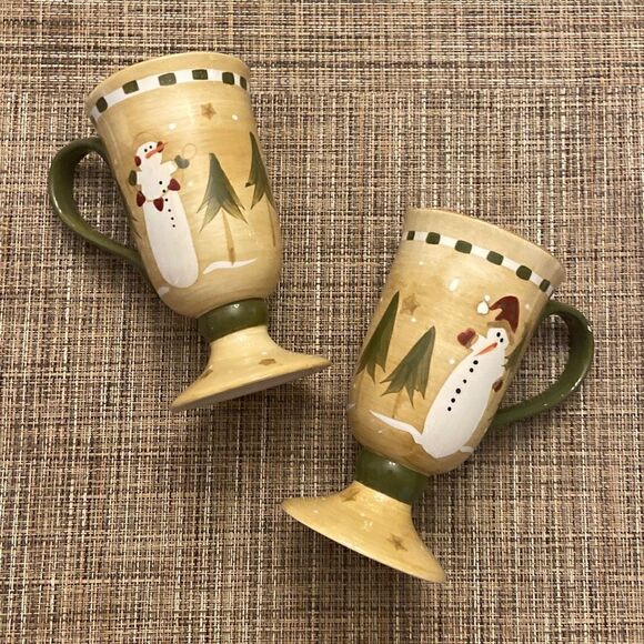 Sonoma Lifestyle Snowman Footed Pedestal Coffee Mugs Christmas Holiday Set of 2 - Picture 1 of 12